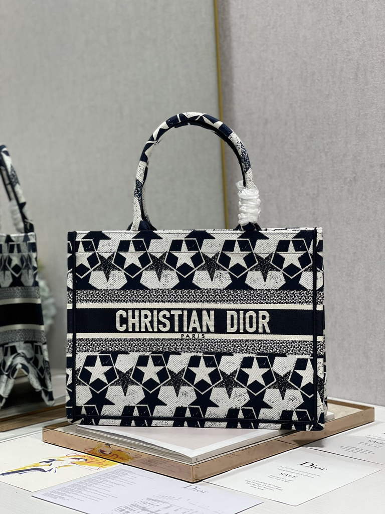 Dior M1296 Medium Book Tote Black Star Multicolor Embroidery