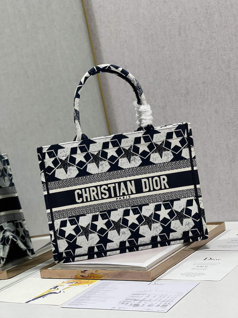 Dior M1296 Medium Book Tote Black Star Multicolor Embroidery