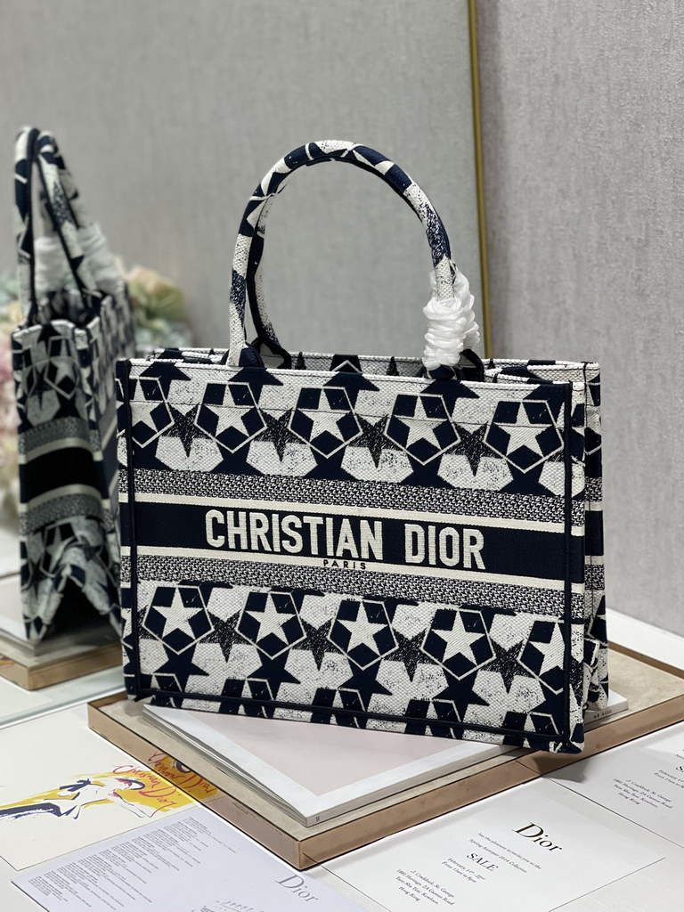 Dior M1296 Medium Book Tote Black Star Multicolor Embroidery