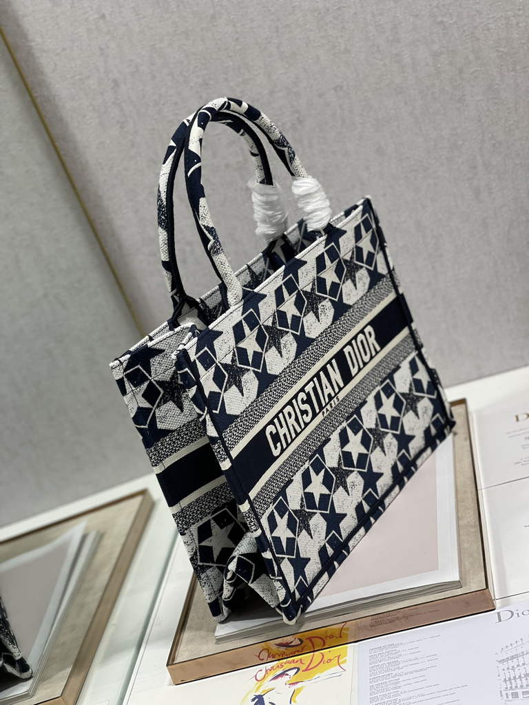 Dior M1296 Medium Book Tote Black Star Multicolor Embroidery