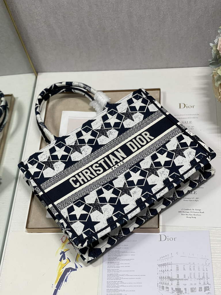 Dior M1296 Medium Book Tote Black Star Multicolor Embroidery