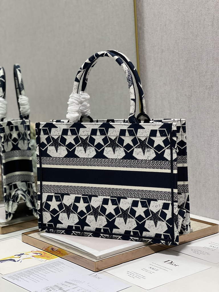 Dior M1296 Medium Book Tote Black Star Multicolor Embroidery