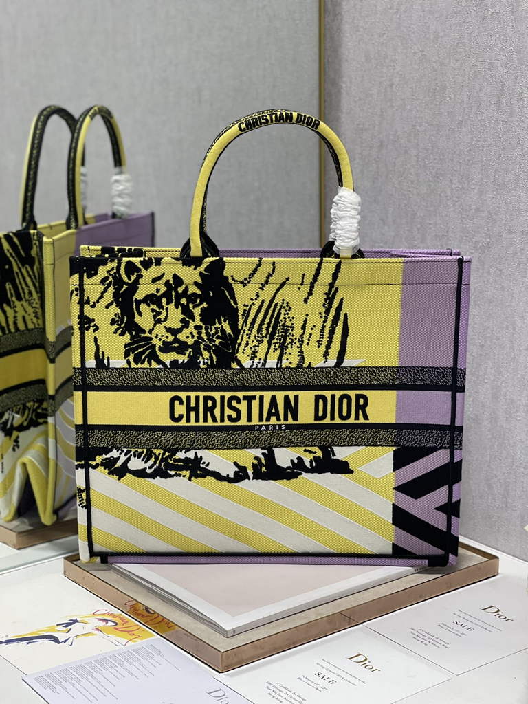 Dior M1296 Medium Book Tote Yellow D-Jungle Pop Embroidery