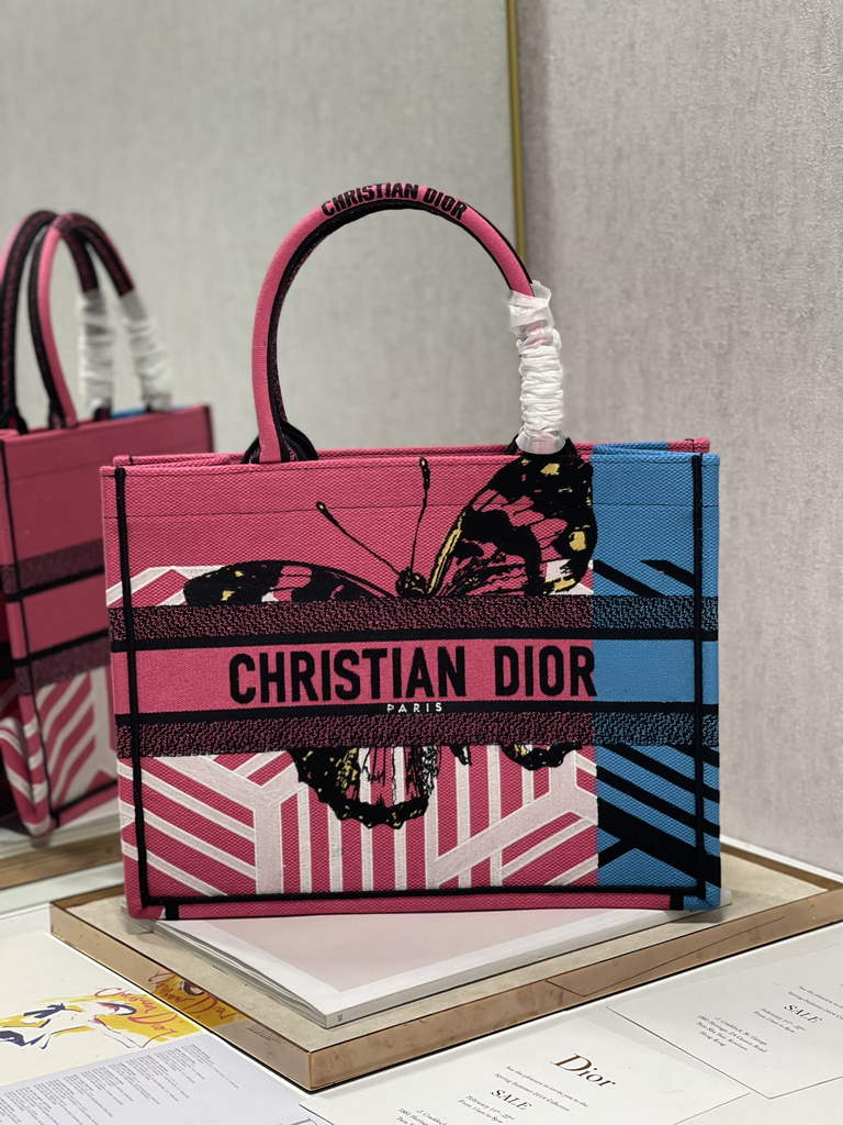 Dior M1296 Medium Book Tote Plum Butterfly D-Jungle Pop Embroidery