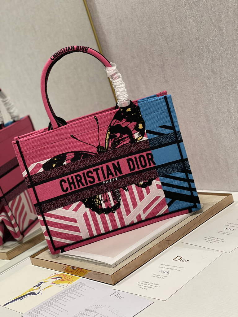 Dior M1296 Medium Book Tote Plum Butterfly D-Jungle Pop Embroidery