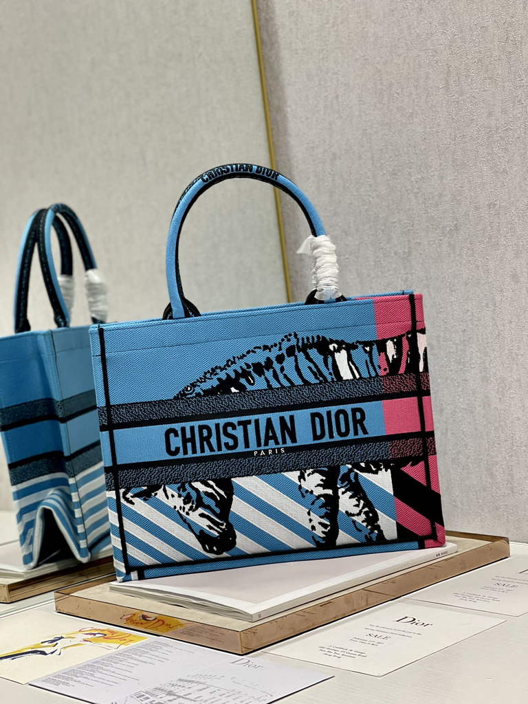 Dior M1296 Medium Book Tote Blue D-Jungle Pop Embroidery