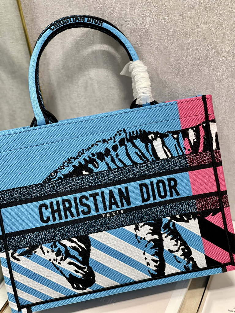 Dior M1296 Medium Book Tote Blue D-Jungle Pop Embroidery