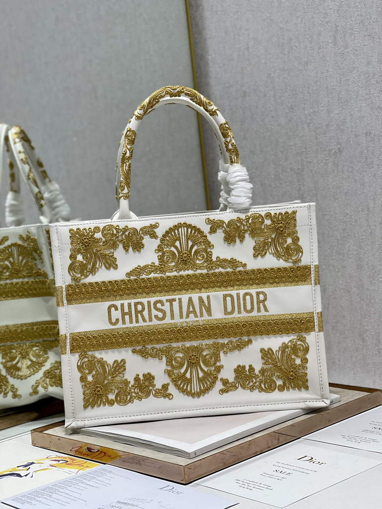 Dior M1296 Medium Book Tote Gold Multicolor Embroidery