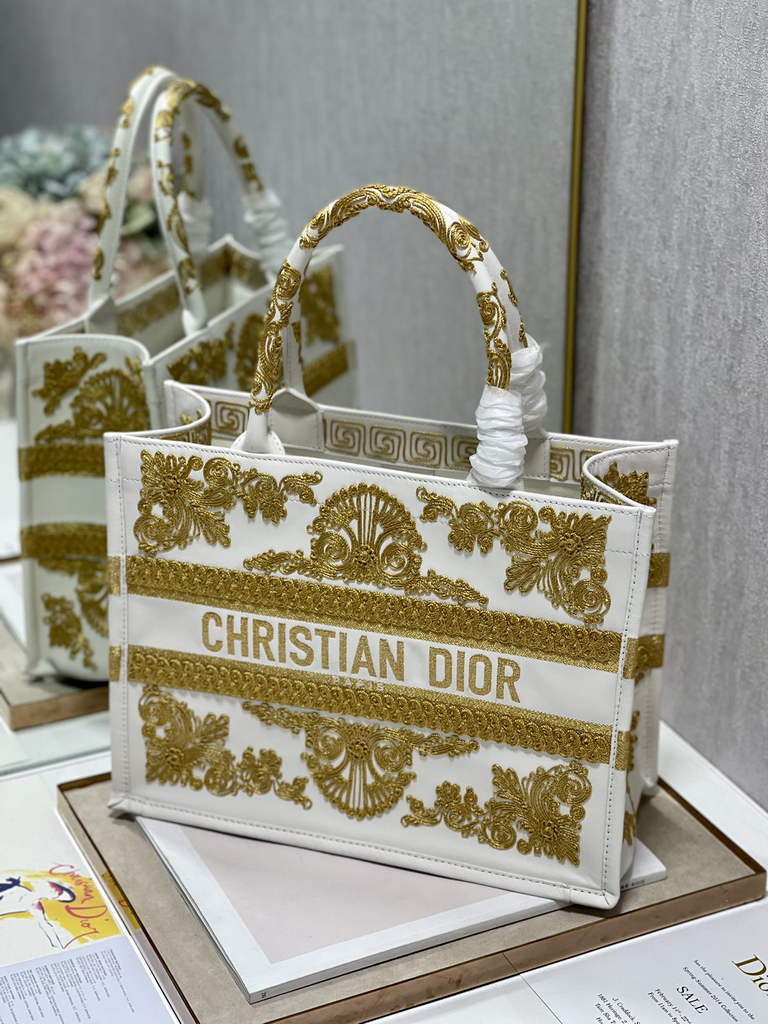 Dior M1296 Medium Book Tote Gold Multicolor Embroidery