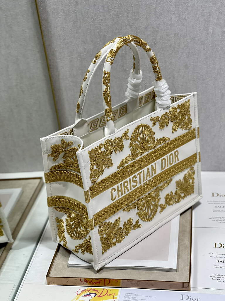 Dior M1296 Medium Book Tote Gold Multicolor Embroidery