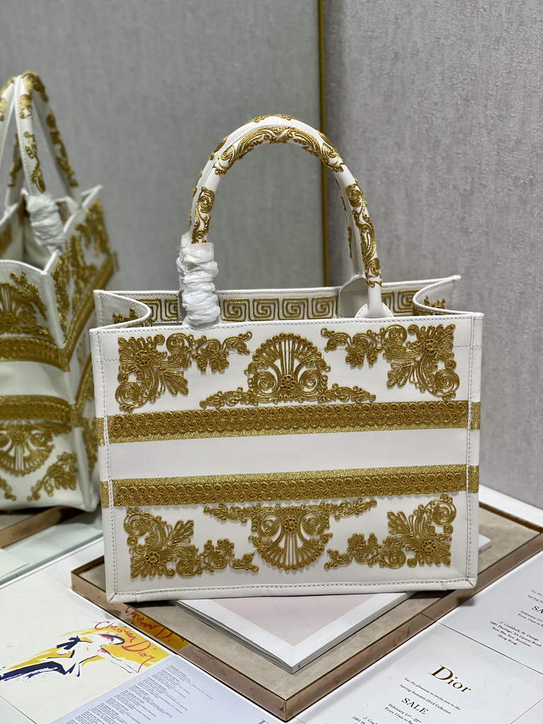Dior M1296 Medium Book Tote Gold Multicolor Embroidery