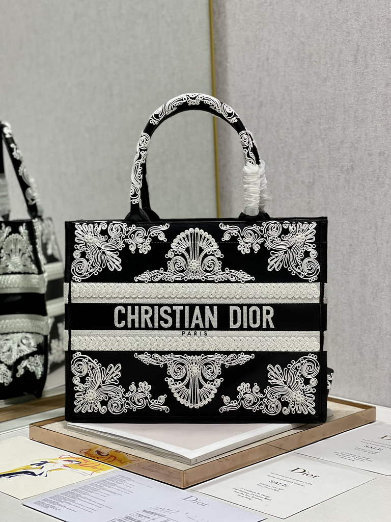 Dior M1296 Medium Book Tote Black Multicolor Embroidery