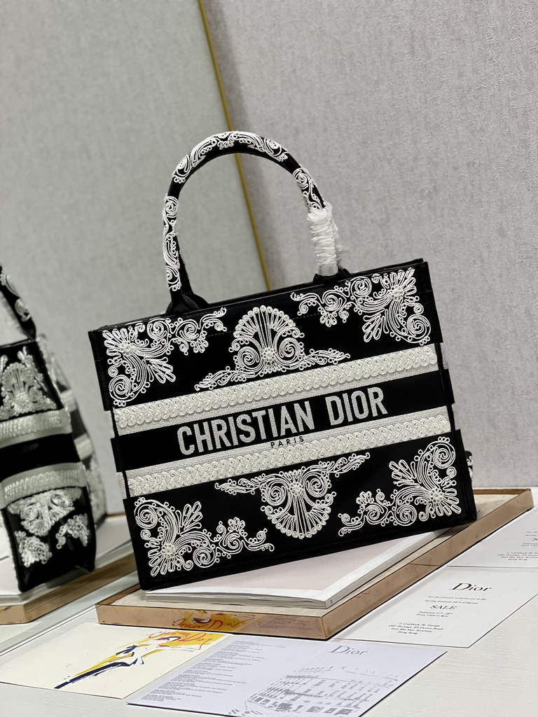 Dior M1296 Medium Book Tote Black Multicolor Embroidery