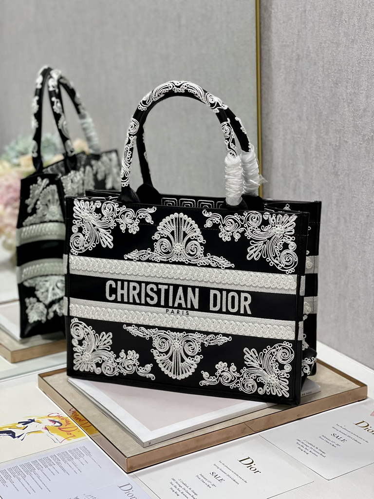 Dior M1296 Medium Book Tote Black Multicolor Embroidery