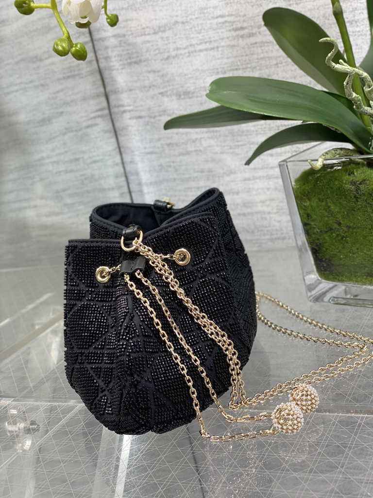 Dior M2340 Dream Bucket Bag Black Cannage Cotton with Bead Embroidery - Default Title - View 3