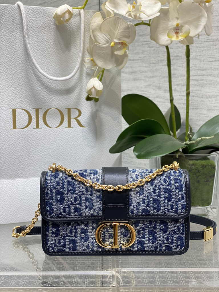 Dior 30 Montaigne East-West Bag with Chain M9334 Blue Denim Dior Oblique Jacquard