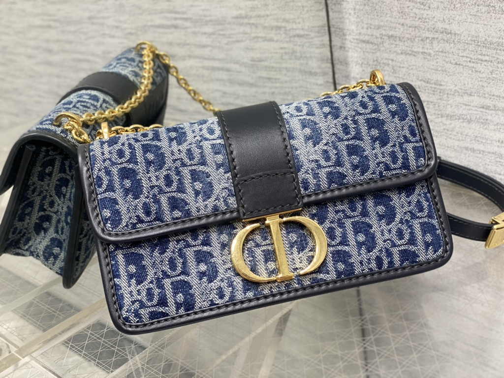 Dior 30 Montaigne East-West Bag with Chain M9334 Blue Denim Dior Oblique Jacquard