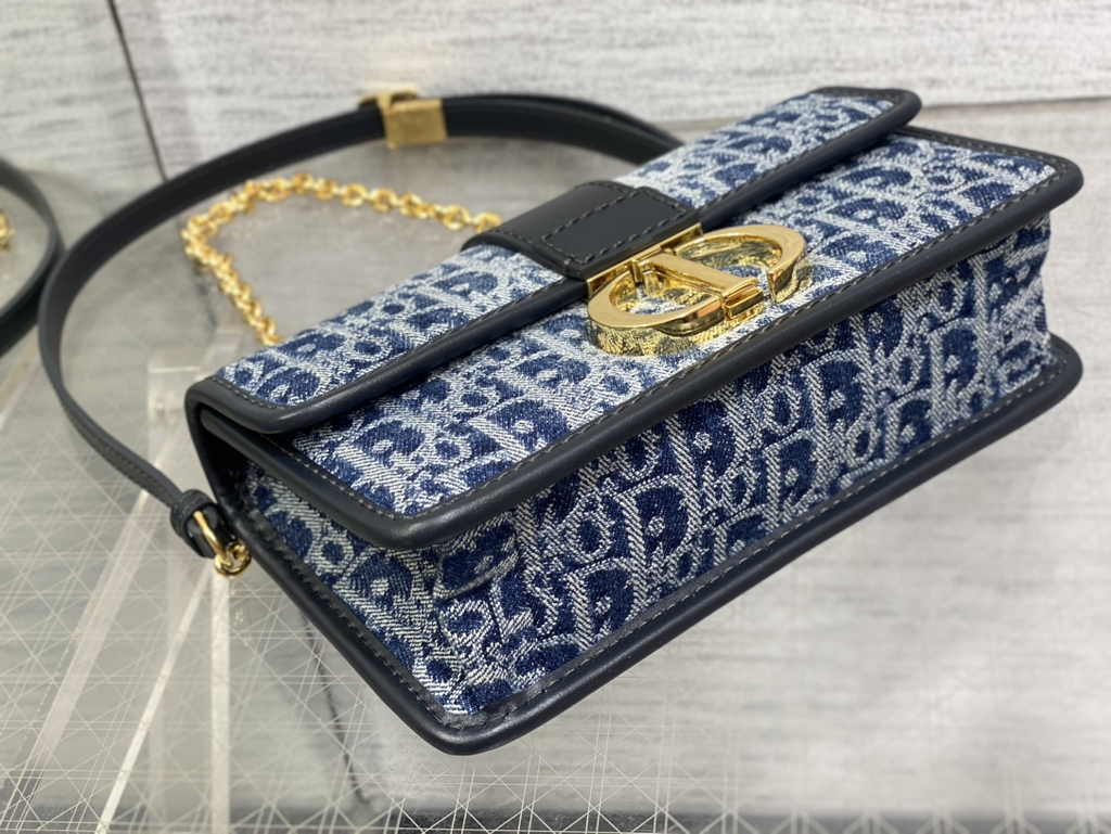 Dior 30 Montaigne East-West Bag with Chain M9334 Blue Denim Dior Oblique Jacquard