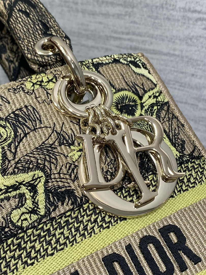 Dior Medium Dioriviera Lady D-Lite Bag M0565 Raffia with Lemon Yellow - Default Title - View 9