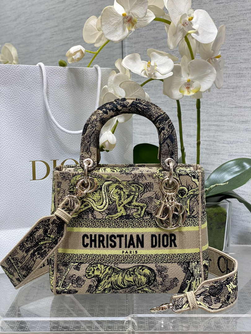 Dior Medium Dioriviera Lady D-Lite Bag M0565 Raffia with Lemon Yellow - Default Title - View 1