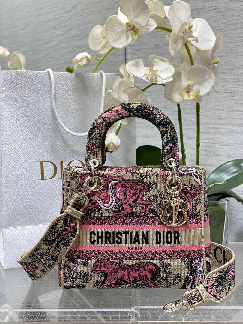 Dior Medium Dioriviera Lady D-Lite Bag M0565 Raffia with Candy Pink Toile - Default Title - View 1