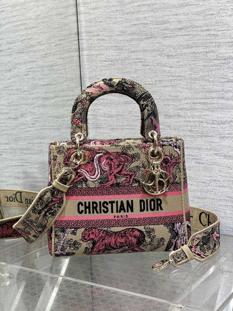 Dior Medium Dioriviera Lady D-Lite Bag M0565 Raffia with Candy Pink Toile - Default Title - View 2