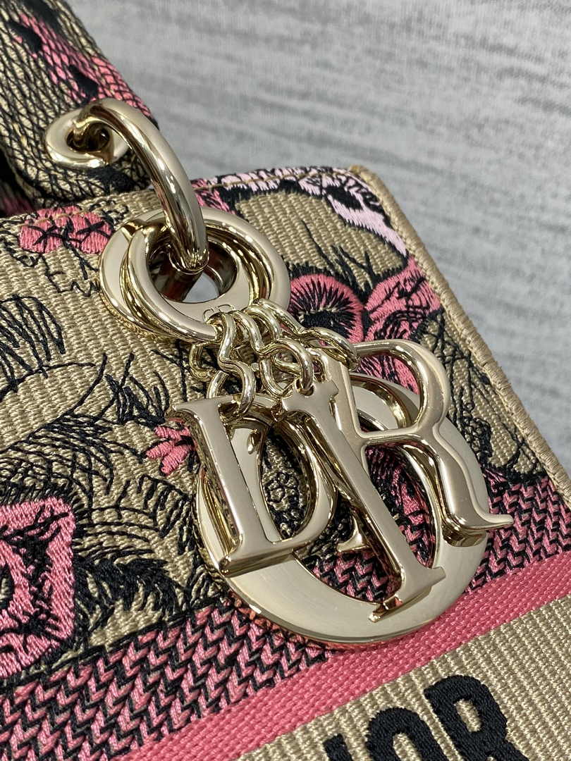 Dior Medium Dioriviera Lady D-Lite Bag M0565 Raffia with Candy Pink Toile - Default Title - View 9