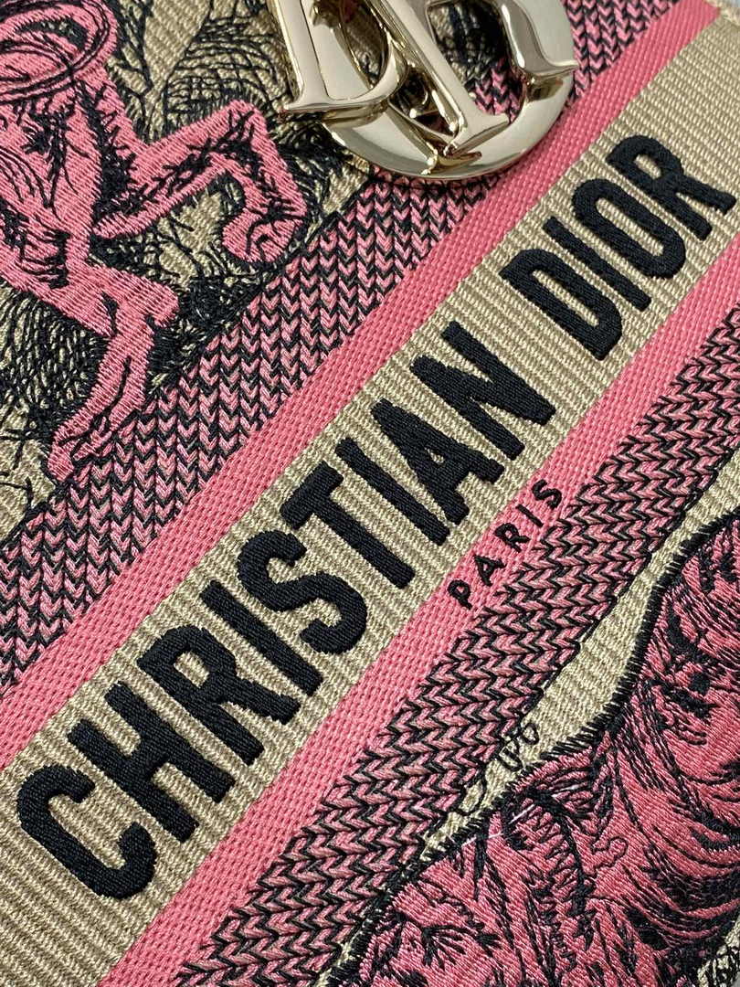 Dior Medium Dioriviera Lady D-Lite Bag M0565 Raffia with Candy Pink Toile - Default Title - View 8