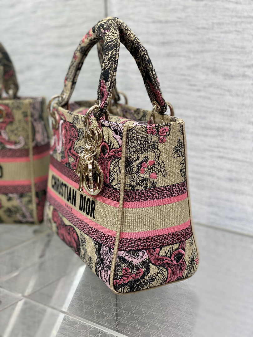 Dior Medium Dioriviera Lady D-Lite Bag M0565 Raffia with Candy Pink Toile - Default Title - View 4