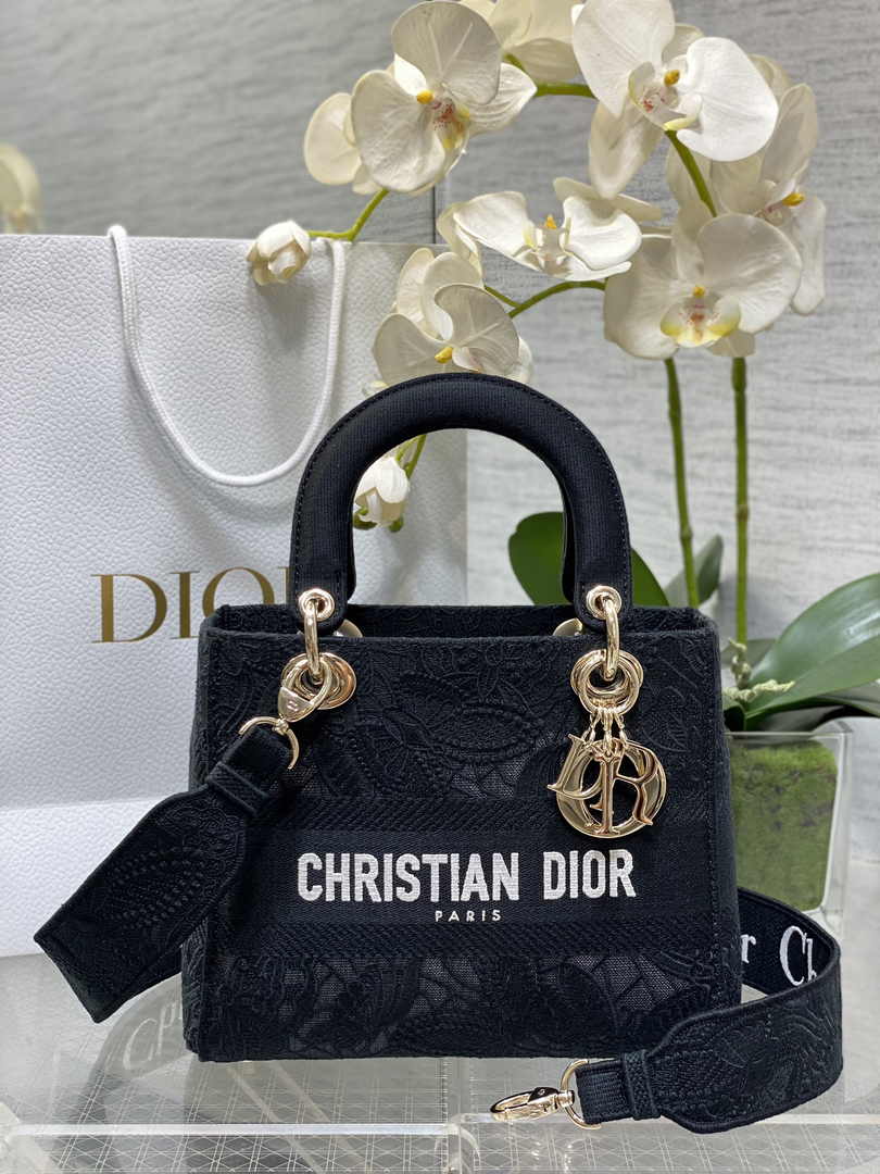 Dior Medium Lady D-Lite Bag M0565 Black Butterfly Macramé Embroidery - Default Title - View 1