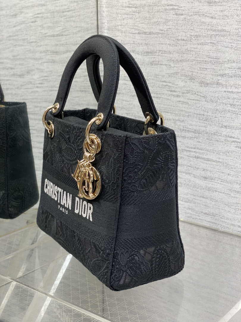 Dior Medium Lady D-Lite Bag M0565 Black Toile de Jouy Soleil Macramé Embroidery - Default Title - View 4