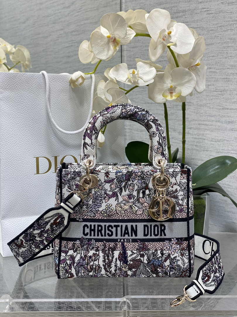 Dior Medium Lady D-Lite Bag M0565 White Multicolor Saisons Hiver Embroidery - Default Title - View 1