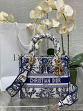 Dior Medium Lady D-Lite Bag M0565 Beige and Blue Toile de Jouy Soleil Embroidery - Default Title - View 1