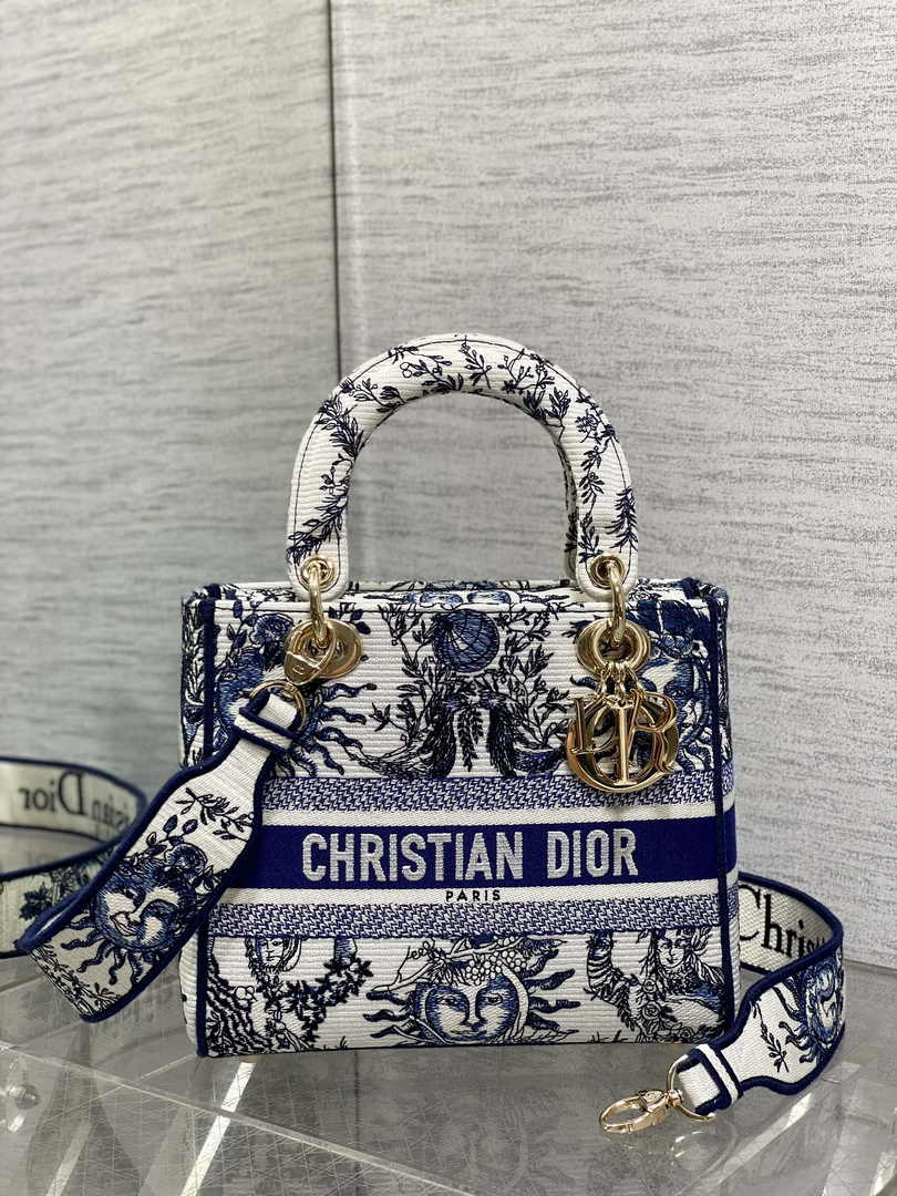 Dior Medium Lady D-Lite Bag M0565 Beige and Blue Toile de Jouy Soleil Embroidery - Default Title - View 2