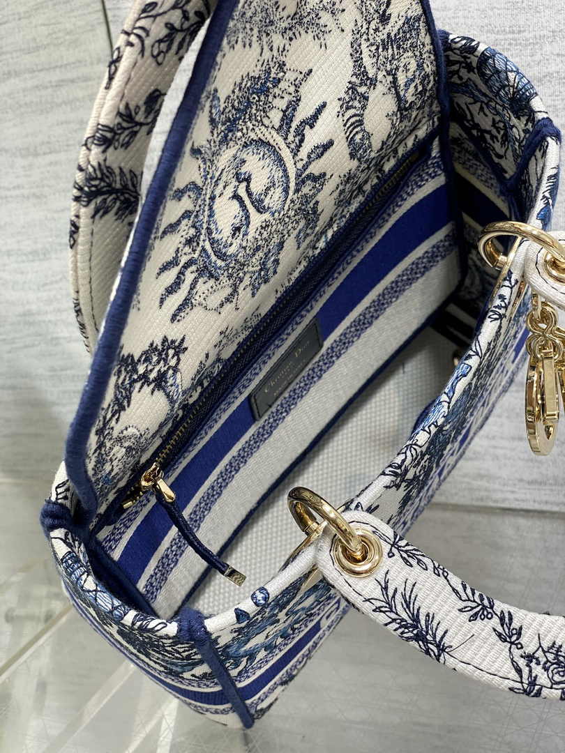 Dior Medium Lady D-Lite Bag M0565 Beige and Blue Toile de Jouy Soleil Embroidery - Default Title - View 6