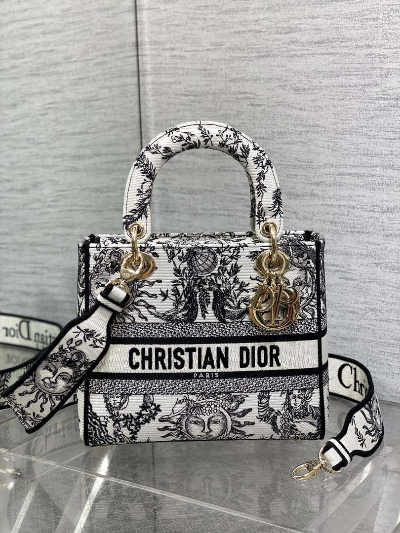 Dior Medium Lady D-Lite Bag M0565 White and Black Toile de Jouy Soleil Embroidery - Default Title - View 2