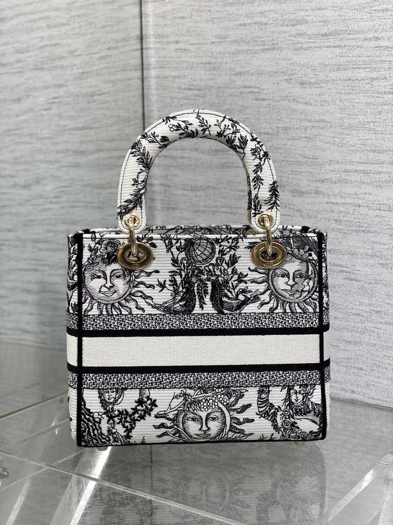 Dior Medium Lady D-Lite Bag M0565 White and Black Toile de Jouy Soleil Embroidery - Default Title - View 3