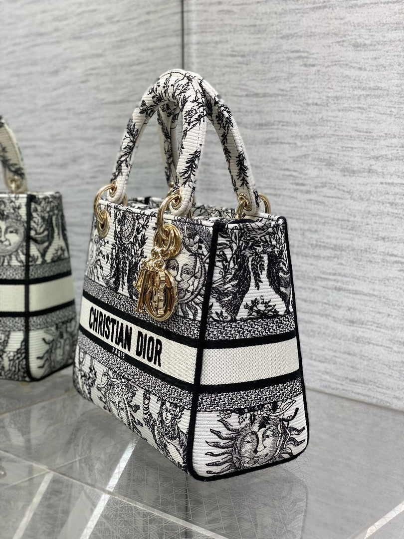 Dior Medium Lady D-Lite Bag M0565 White and Black Toile de Jouy Soleil Embroidery - Default Title - View 4