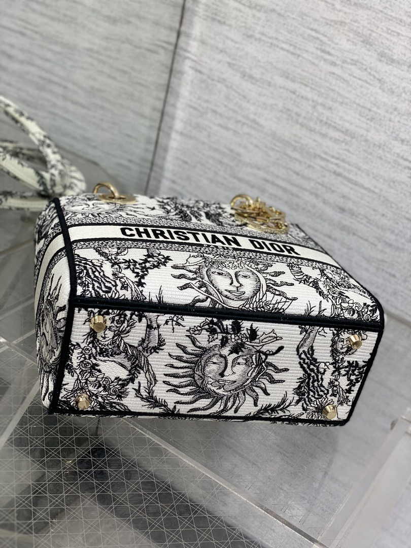 Dior Medium Lady D-Lite Bag M0565 White and Black Toile de Jouy Soleil Embroidery - Default Title - View 5
