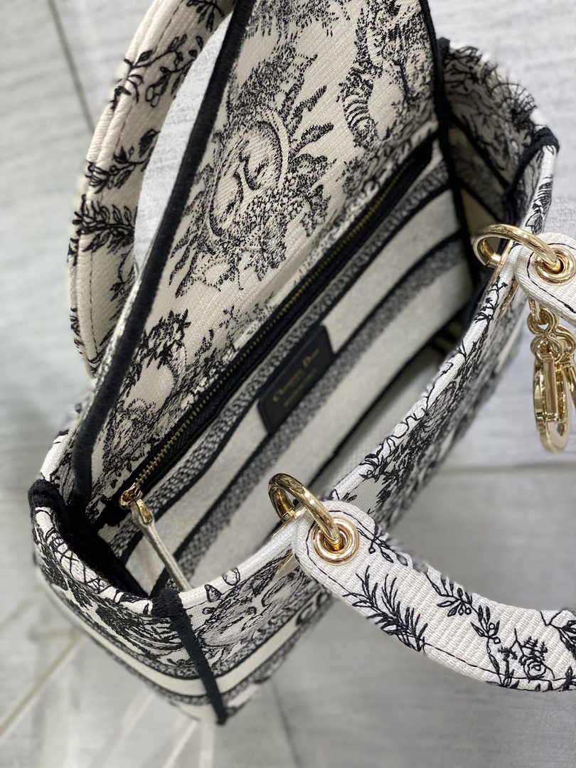 Dior Medium Lady D-Lite Bag M0565 White and Black Toile de Jouy Soleil Embroidery - Default Title - View 6