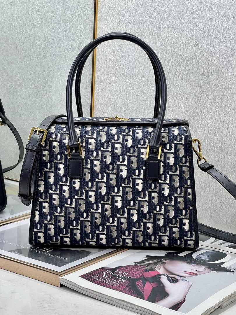 Dior Medium Boston Bag M8675 Blue Dior Oblique Embroidery and Smooth Calfskin - Default Title - View 1