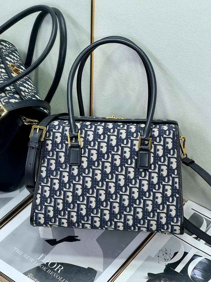 Dior Medium Boston Bag M8675 Blue Dior Oblique Embroidery and Smooth Calfskin - Default Title - View 3