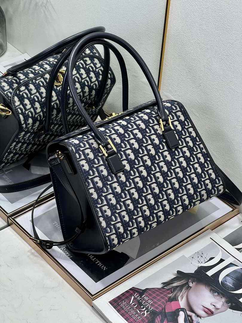 Dior Medium Boston Bag M8675 Blue Dior Oblique Embroidery and Smooth Calfskin - Default Title - View 4