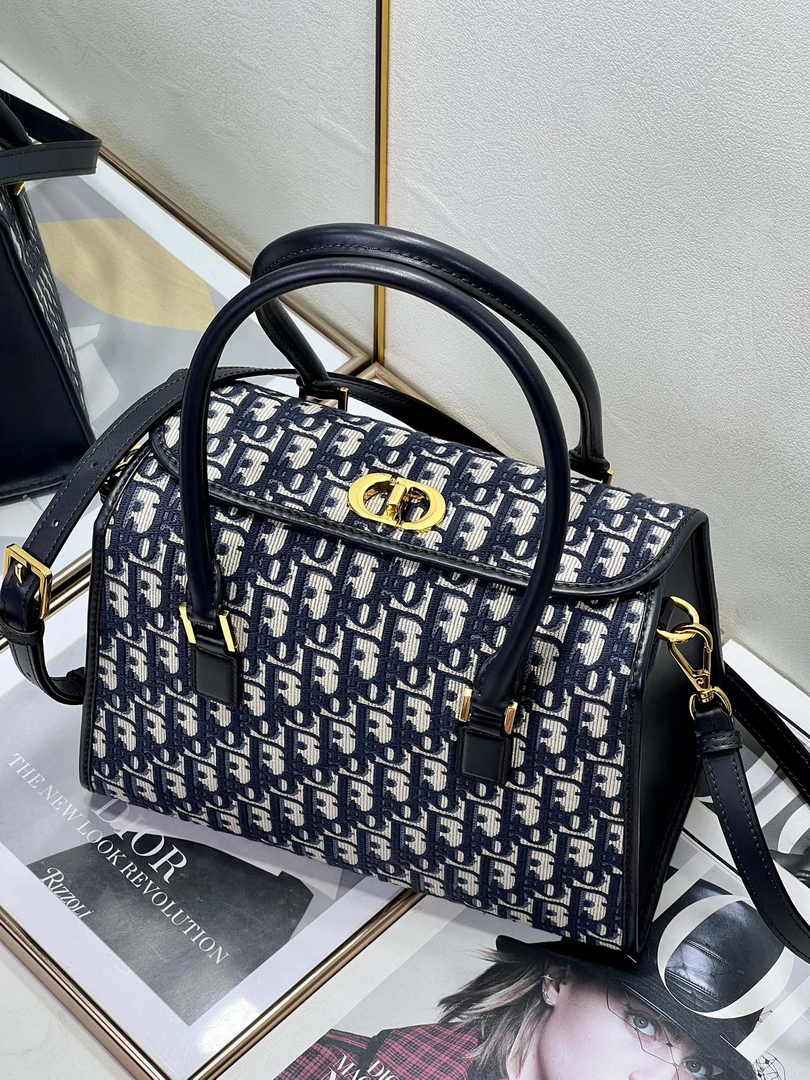 Dior Medium Boston Bag M8675 Blue Dior Oblique Embroidery and Smooth Calfskin - Default Title - View 5