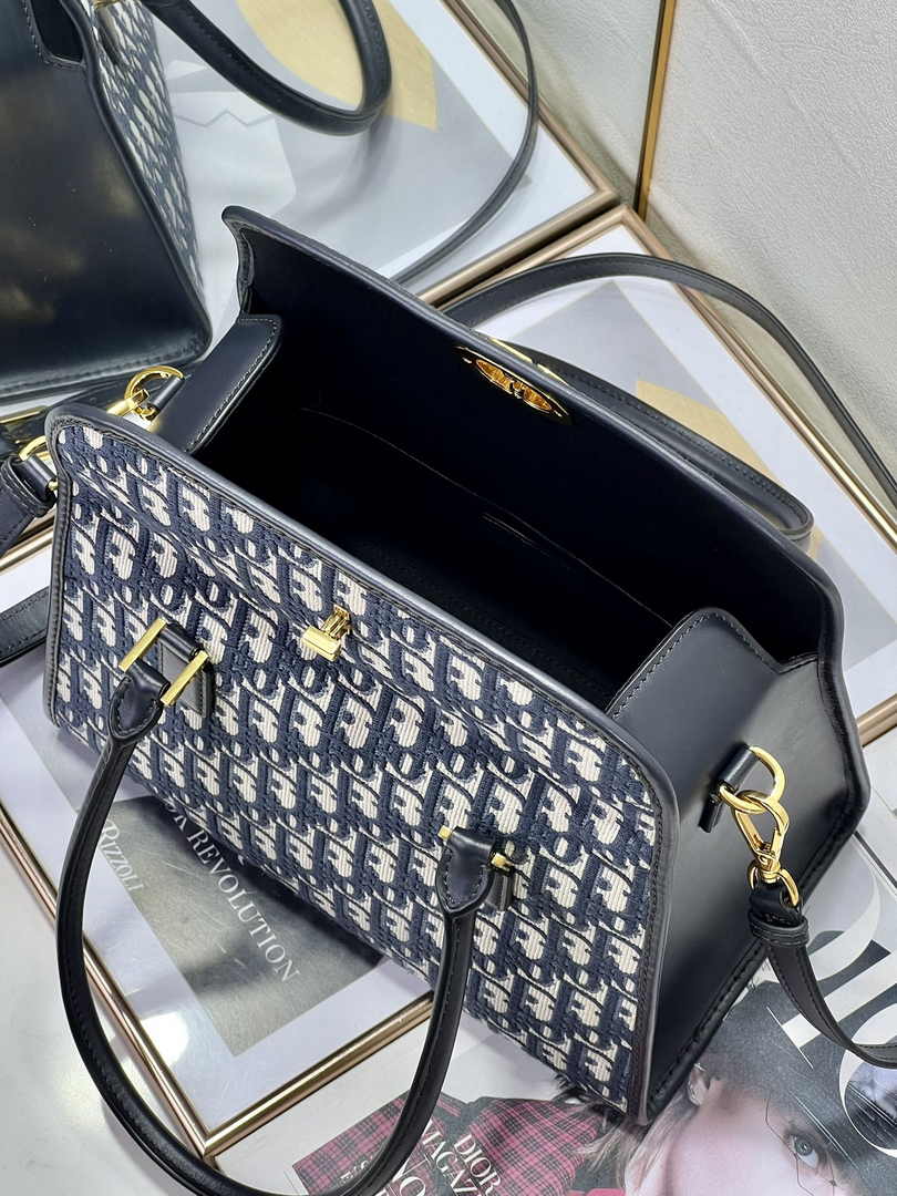 Dior Medium Boston Bag M8675 Blue Dior Oblique Embroidery and Smooth Calfskin - Default Title - View 6