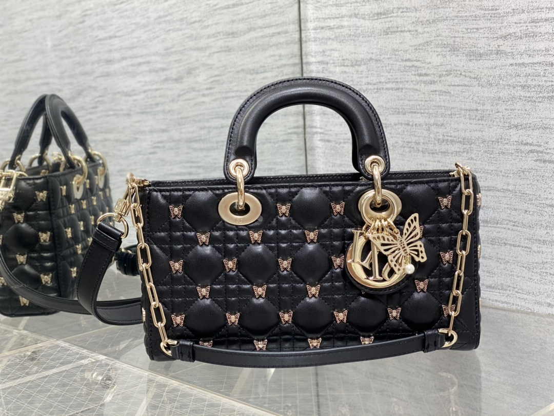 Dior Medium Lady D-Lite Bag M0565 Black Cannage Lambskin with Gold-Finish Sun Studs - Default Title - View 2
