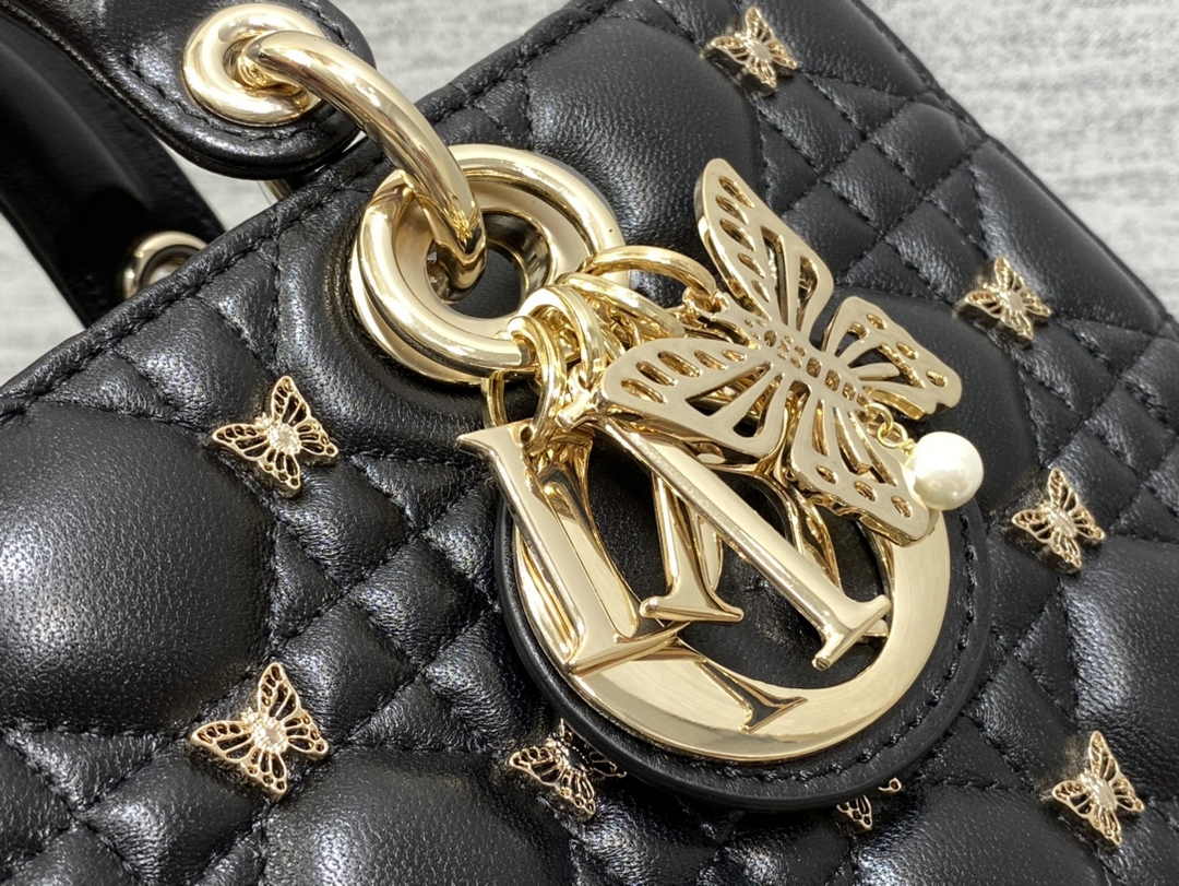 Dior Medium Lady D-Lite Bag M0565 Black Cannage Lambskin with Gold-Finish Sun Studs - Default Title - View 9