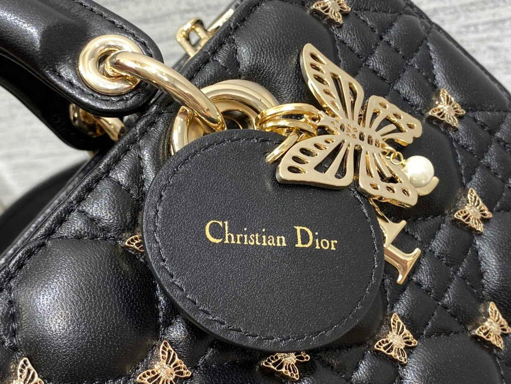 Dior Medium Lady D-Lite Bag M0565 Black Cannage Lambskin with Gold-Finish Sun Studs - Default Title - View 8