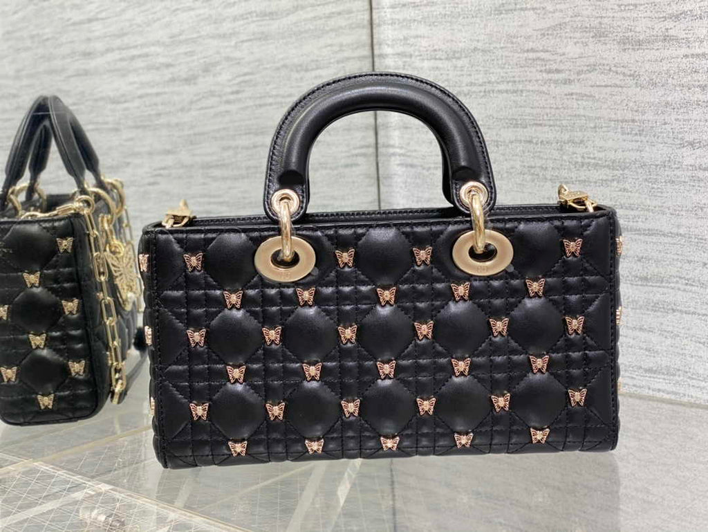 Dior Medium Lady D-Lite Bag M0565 Black Cannage Lambskin with Gold-Finish Sun Studs - Default Title - View 3