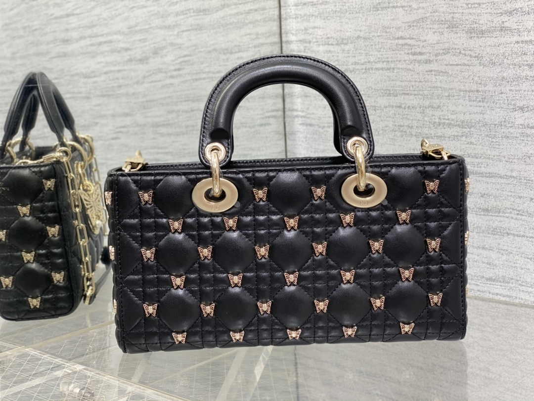 Dior Medium Lady D-Lite Bag M0565 Black Cannage Lambskin with Gold-Finish Sun Studs - Default Title - View 3